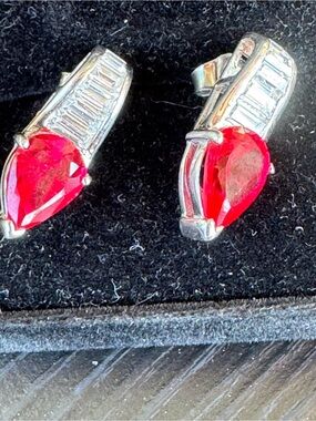 Sterling Silver  925 Teardrop Red Lab Grown Synthetic Gemstone with Crystals
